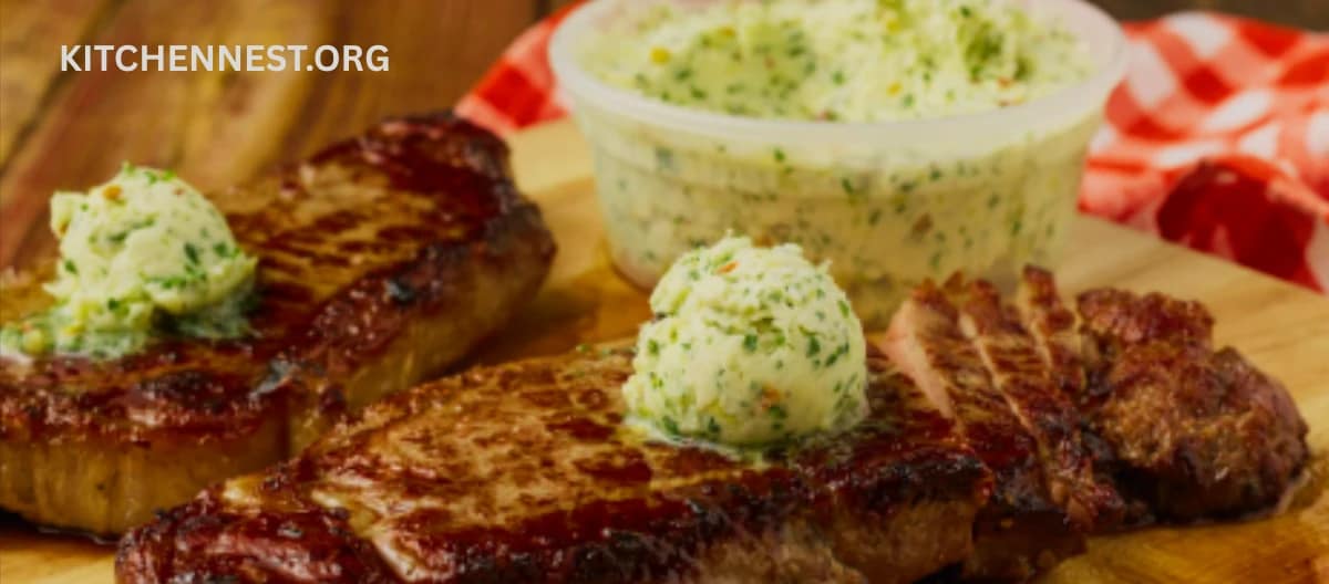 Cowboy Butter melting on grilled steak served with a side of herb butter.