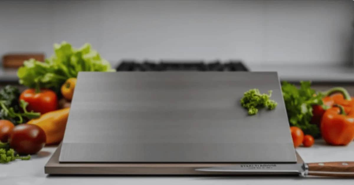 Titanium Cutting Board with knife and fresh vegetables in a modern kitchen setting