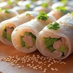 Harumaki Spring Rolls filled with fresh vegetables and tender meat, topped with sesame seeds and coriander, served on a wooden board.