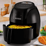 Air Fryers lined up on a kitchen countertop, featuring four top models with digital displays and sleek designs.