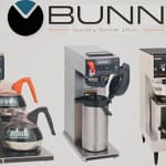 Bunn Coffee Makers displayed in a commercial setup featuring multiple models with carafes and thermal dispensers.