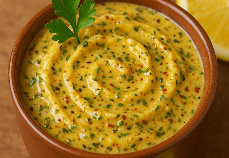 Cowboy Butter in a bowl seasoned with lemon, herbs, and spices.