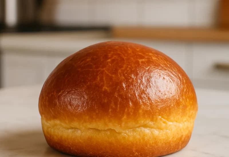Brioche bun with a golden brown glossy top placed on a kitchen countertop.