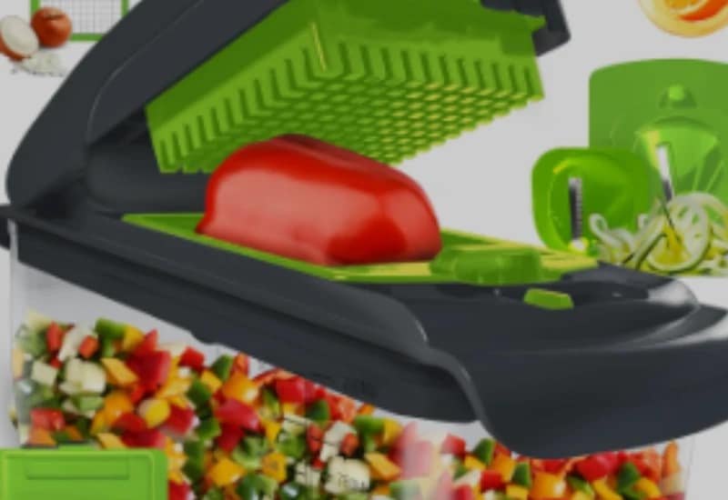 Vegetable Chopper cutting a red bell pepper into small diced pieces.