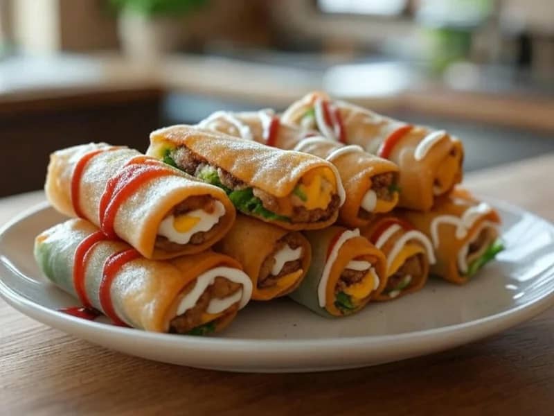 they are cheeseburgers wrapped in crispy spring roll wrappers, presented on the table