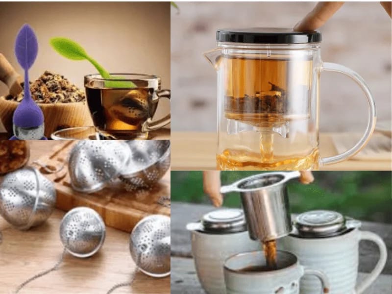 Tea infuser types including metal strainers, infuser mugs, bottles, and glass tubes for brewing loose leaf tea
