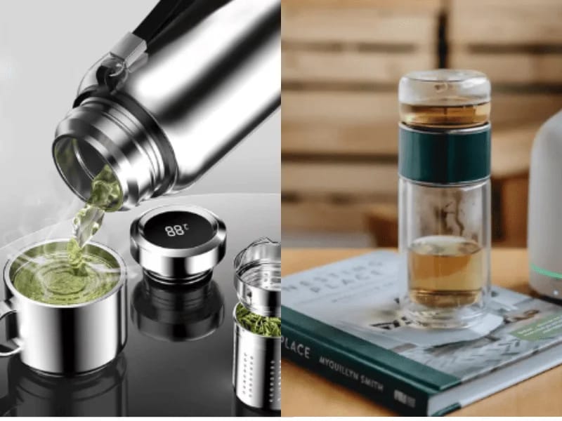 Tea strainer bottles with hot tea being poured and brewed in modern stainless steel and glass containers