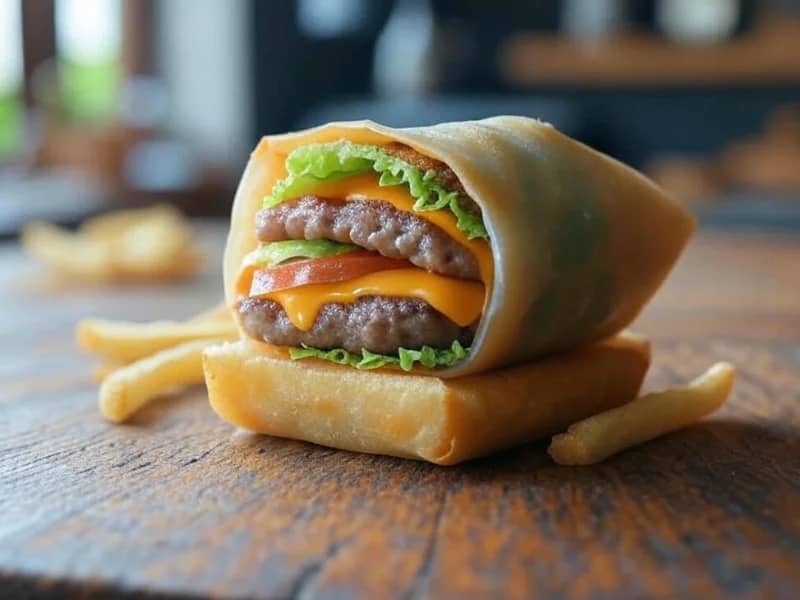 they are cheeseburgers wrapped in crispy spring roll wrappers, presented hot with a dipping sauce.