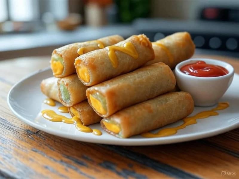 they are cheeseburgers wrapped in crispy spring roll wrappers, presented hot with a dipping sauce.