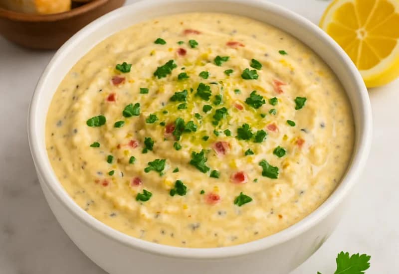 Cowboy Butter Dip topped with parsley and diced peppers in a white bowl.
