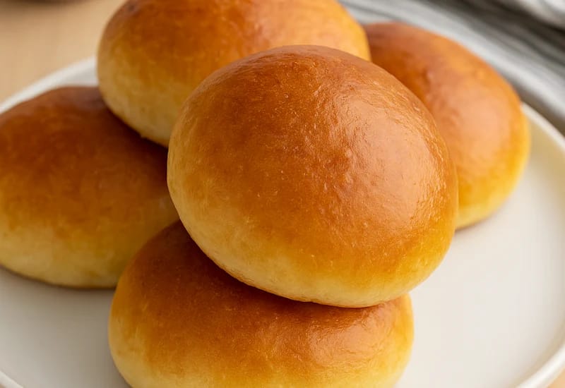 Brioche bun with a golden brown glossy top placed on a kitchen countertop.