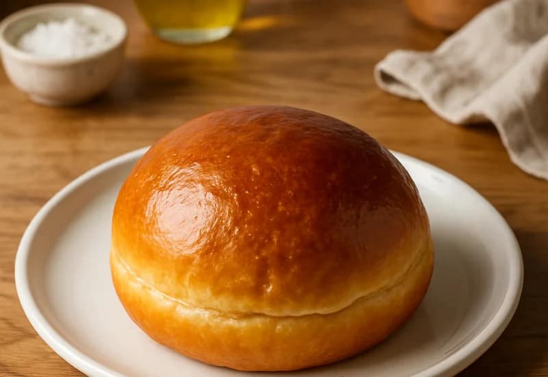 Brioche bun with a golden brown glossy top placed on a kitchen countertop.