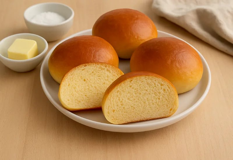 Brioche bun with a golden brown glossy top placed on a kitchen countertop.