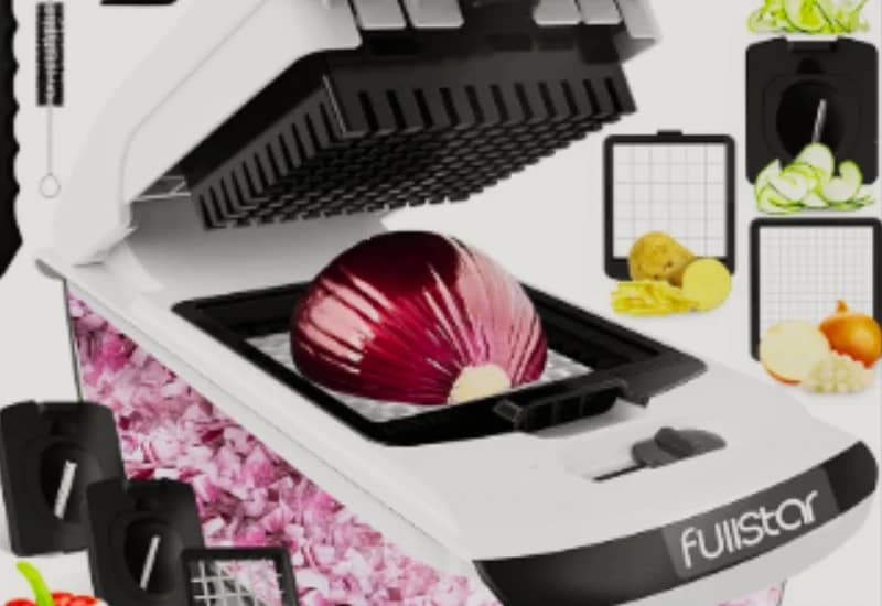 Vegetable Chopper cutting an onion  pepper into small diced pieces.